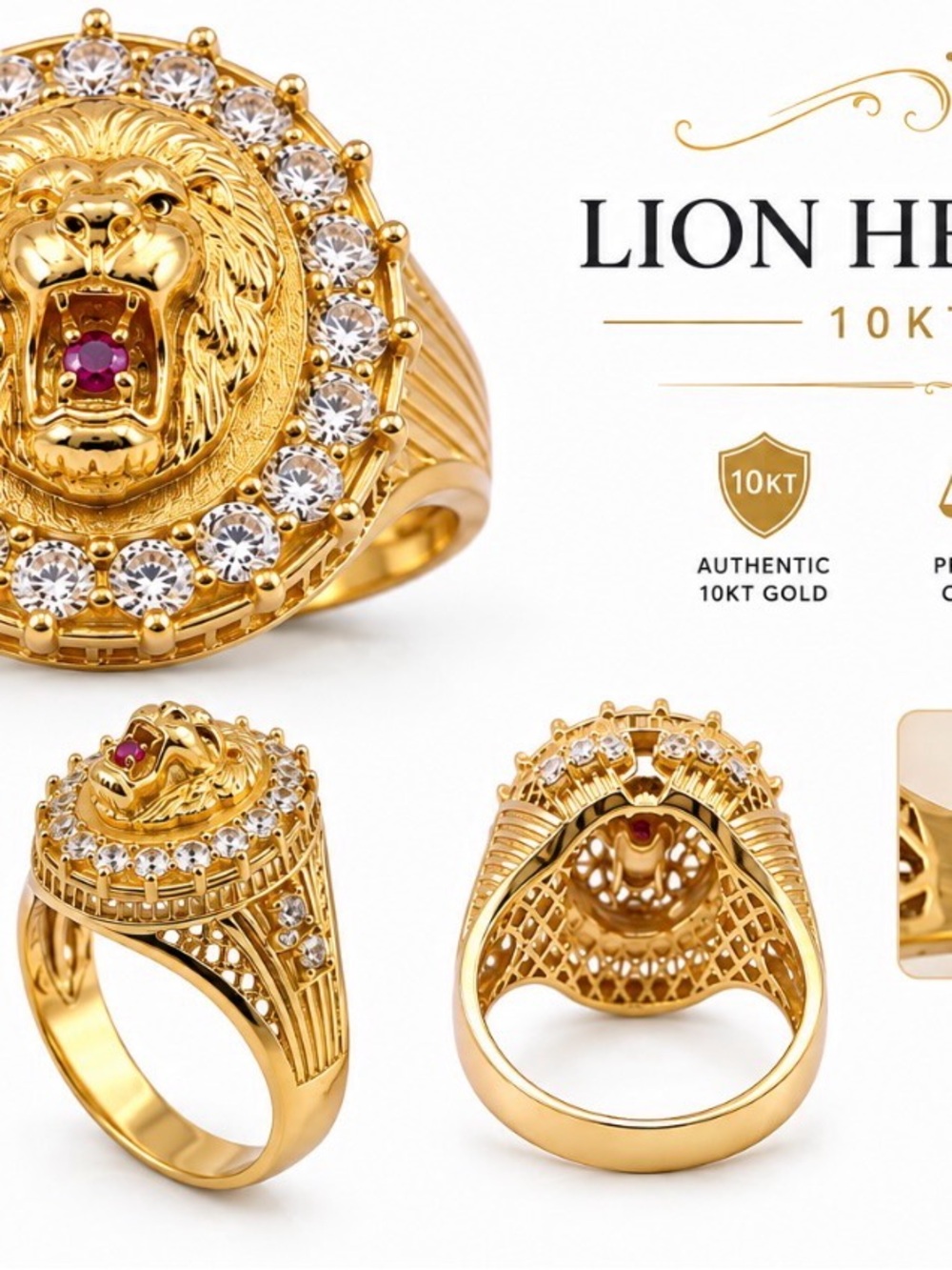 Lion Head 10KT Gold Men's Ring in Gold